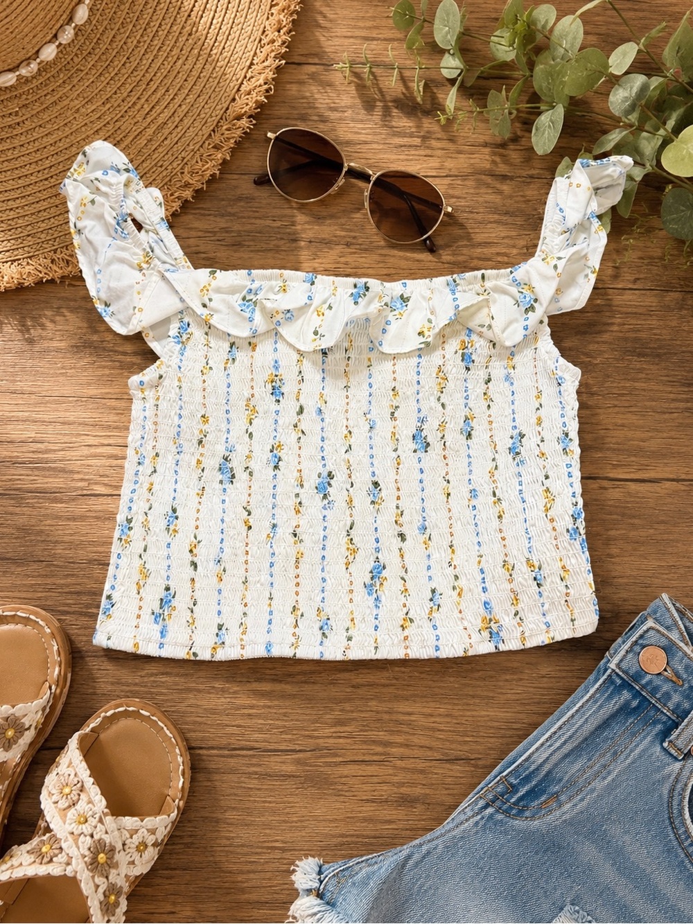Wild Fable Floral Smocked Ruffle Strap Crop Tank Top Size S